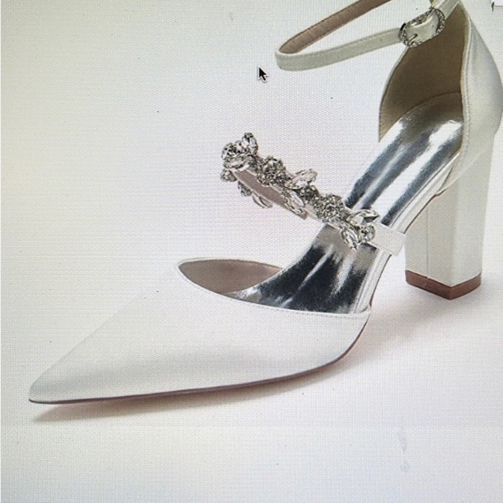 Ivory satin shoes with rhinestones ankle strap and 3.25 inch block heel.